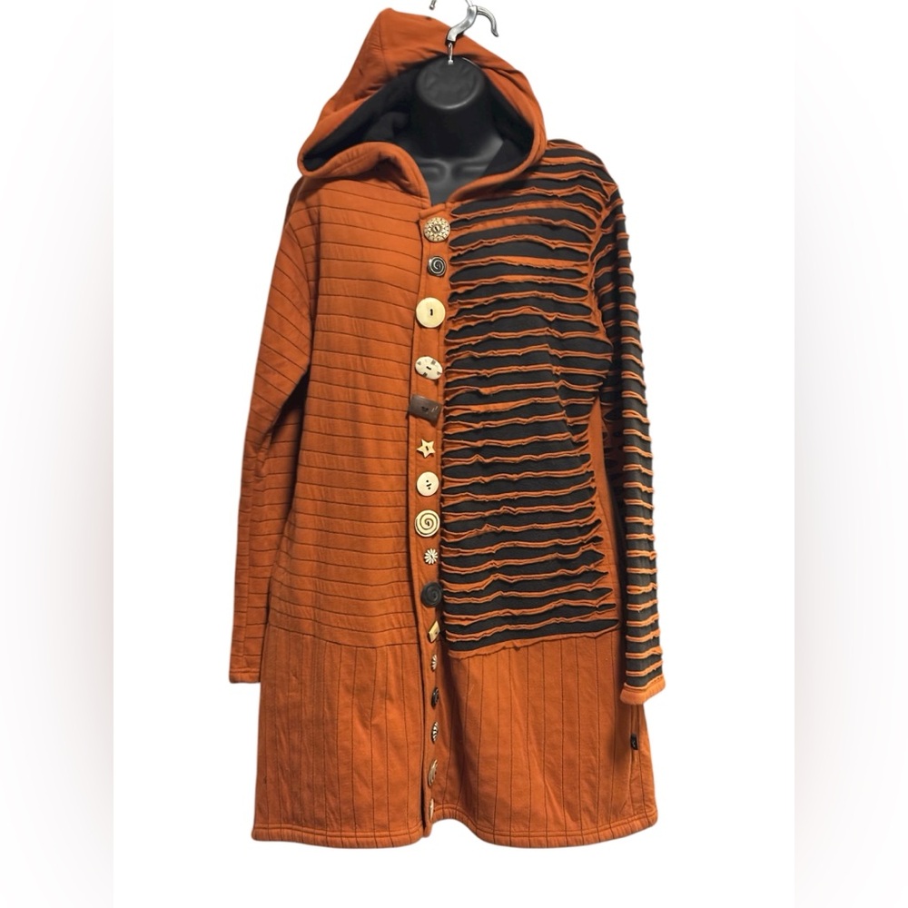 Leopards and Roses Orange and Black Hooded Coat with Unique Buttons